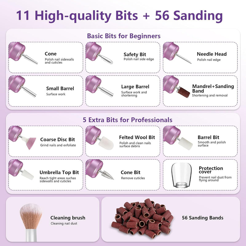 Needlewalk Cordless Nail Drill Electric Nail File Kit Rechargeable Professional Efile Nail Set, Portable Acrylic Gel Nail Polish Remover Machine Pedicure Manicure Tool, 11 Bits 56 Sanding Bands Salon Home