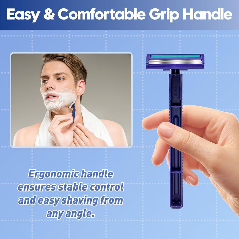 Needlewalk Twin Blade Disposable Razors for Men & Women – 60 Pack Bulk Stainless Steel Shavers with Lubricating Strip & Safety Cap, Non-Slip Handle for Sensitive Skin, Travel, Hotel, Charity (Blue)