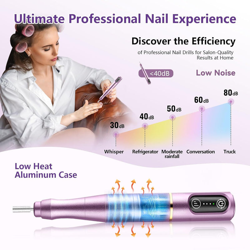 Needlewalk Cordless Nail Drill Electric Nail File Kit Rechargeable Professional Efile Nail Set, Portable Acrylic Gel Nail Polish Remover Machine Pedicure Manicure Tool, 11 Bits 56 Sanding Bands Salon Home