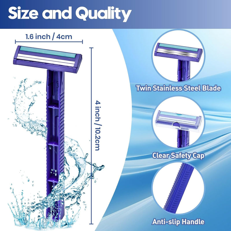 Needlewalk Twin Blade Disposable Razors for Men & Women – 60 Pack Bulk Stainless Steel Shavers with Lubricating Strip & Safety Cap, Non-Slip Handle for Sensitive Skin, Travel, Hotel, Charity (Blue)