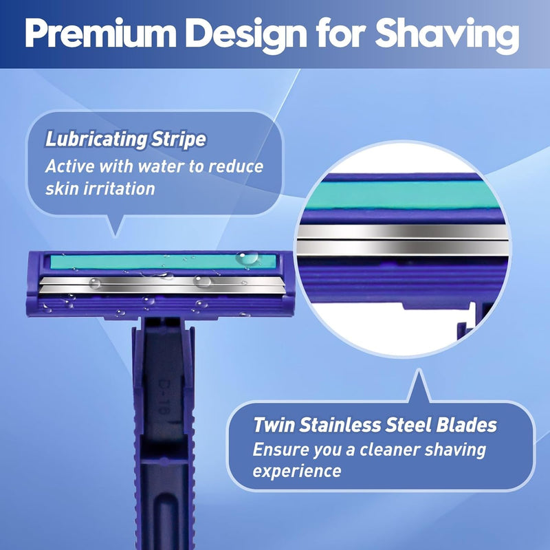 Needlewalk Twin Blade Disposable Razors for Men & Women – 60 Pack Bulk Stainless Steel Shavers with Lubricating Strip & Safety Cap, Non-Slip Handle for Sensitive Skin, Travel, Hotel, Charity (Blue)