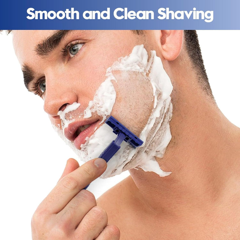 Needlewalk Twin Blade Disposable Razors for Men & Women – 60 Pack Bulk Stainless Steel Shavers with Lubricating Strip & Safety Cap, Non-Slip Handle for Sensitive Skin, Travel, Hotel, Charity (Blue)