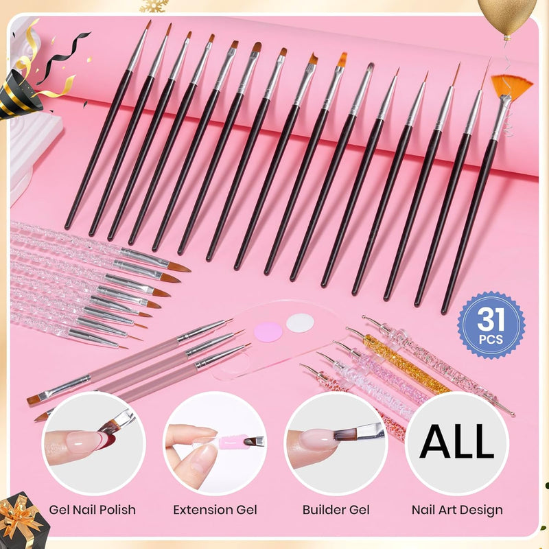 Needlewalk Beetles 31pcs Nail Art Brushes, Dotting Tools, Nail Art Pens, Dust Brush, Striping Liner Fingernail Drawing Pens with Palette Holder All in One for Starter Manicure Design Set