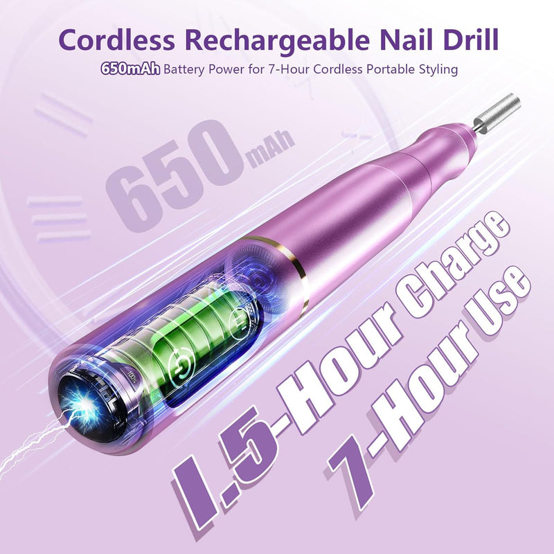 Needlewalk Cordless Nail Drill Electric Nail File Kit Rechargeable Professional Efile Nail Set, Portable Acrylic Gel Nail Polish Remover Machine Pedicure Manicure Tool, 11 Bits 56 Sanding Bands Salon Home