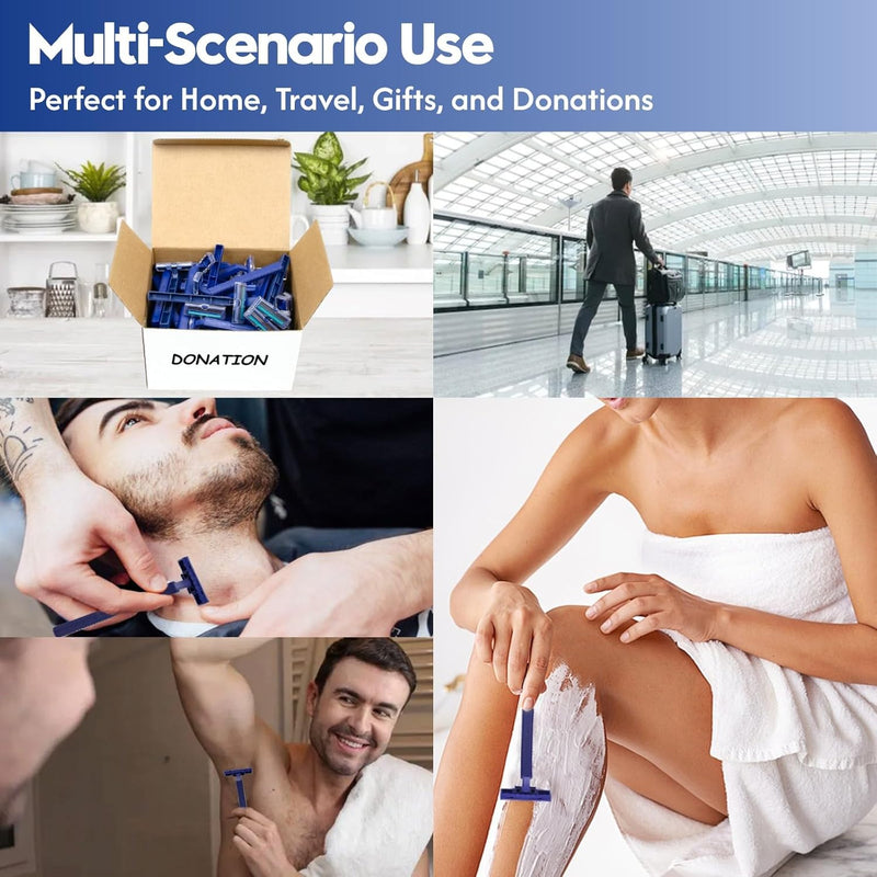 Needlewalk Twin Blade Disposable Razors for Men & Women – 60 Pack Bulk Stainless Steel Shavers with Lubricating Strip & Safety Cap, Non-Slip Handle for Sensitive Skin, Travel, Hotel, Charity (Blue)