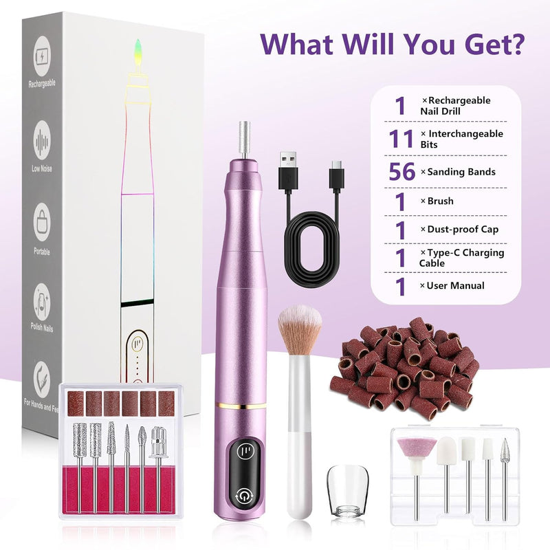 Needlewalk Cordless Nail Drill Electric Nail File Kit Rechargeable Professional Efile Nail Set, Portable Acrylic Gel Nail Polish Remover Machine Pedicure Manicure Tool, 11 Bits 56 Sanding Bands Salon Home