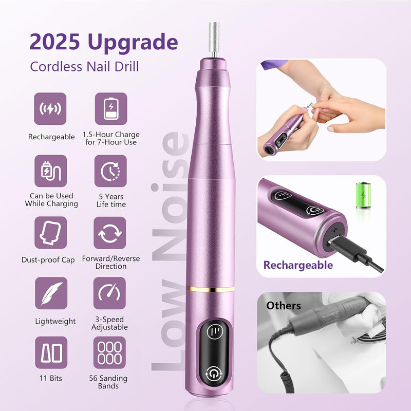 Needlewalk Cordless Nail Drill Electric Nail File Kit Rechargeable Professional Efile Nail Set, Portable Acrylic Gel Nail Polish Remover Machine Pedicure Manicure Tool, 11 Bits 56 Sanding Bands Salon Home