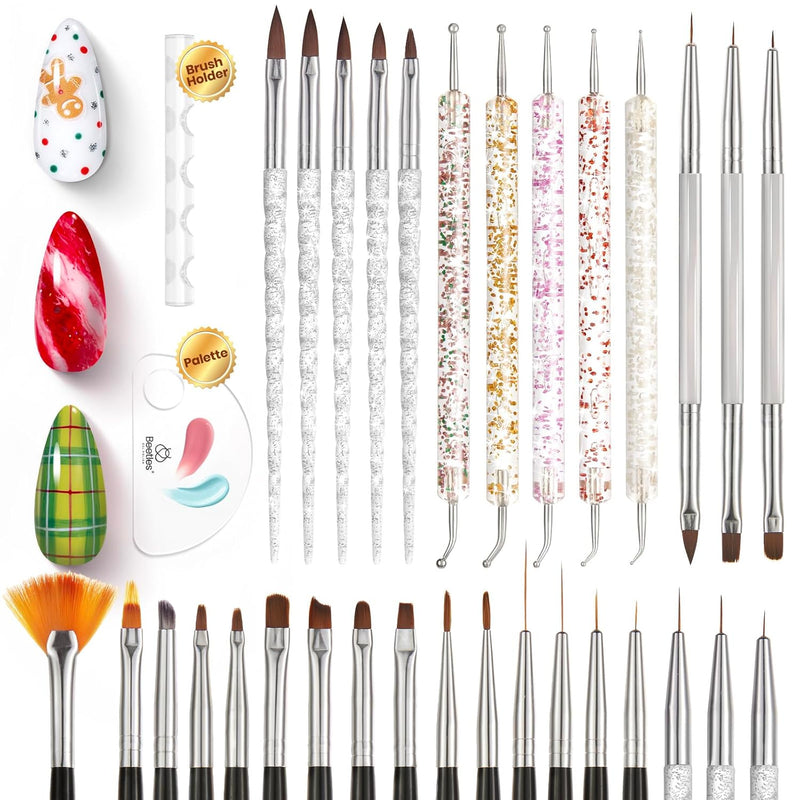 Needlewalk Beetles 31pcs Nail Art Brushes, Dotting Tools, Nail Art Pens, Dust Brush, Striping Liner Fingernail Drawing Pens with Palette Holder All in One for Starter Manicure Design Set