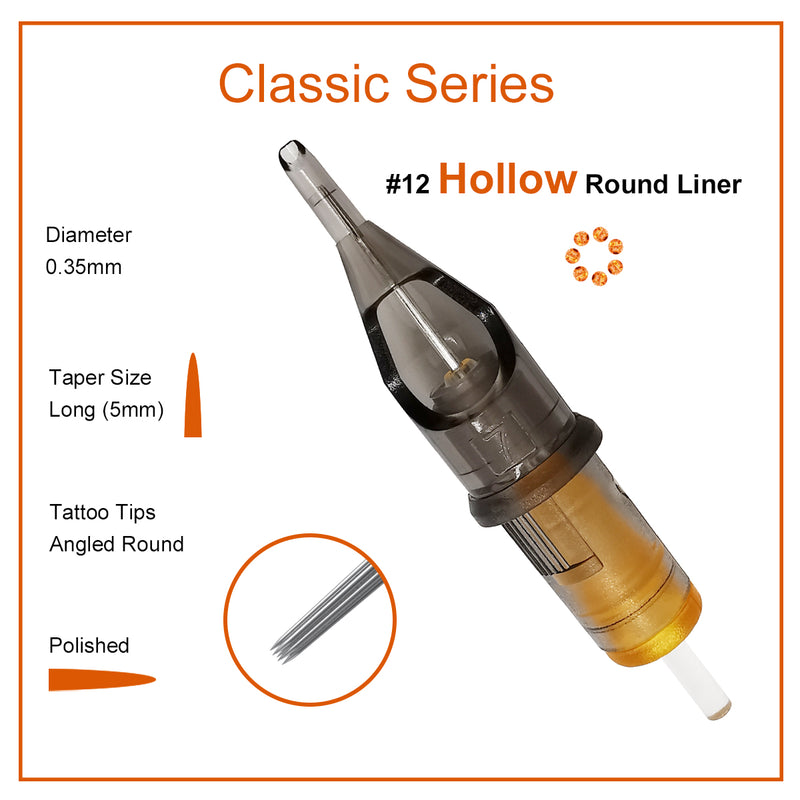 Needlewalk Classic Series Tattoo Needles Cartridges #12 0.35mm Hollow Round Liner 20pcs