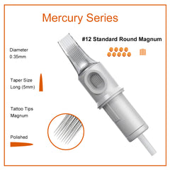 Needlewalk Mercury Series Tattoo Needles Cartridges #12 0.35mm Round Magnum 20pcs